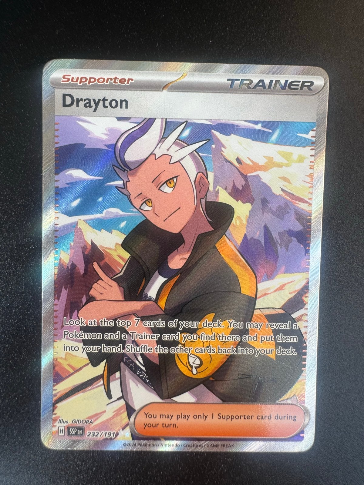 Pokémon TCG Drayton Full Art Supporter Kaart (232/197), Ophalen of Verzenden, Zo goed als nieuw, Losse kaart, Foil