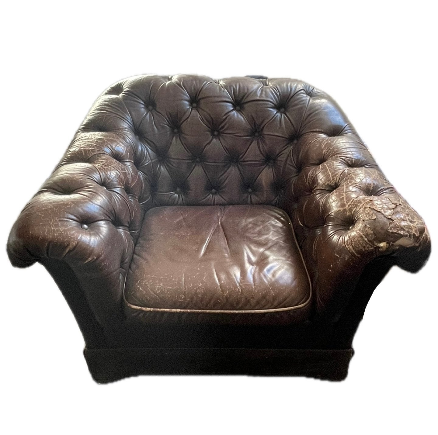 Vintage Chesterfield fauteuil - Bruin leer, Huis en Inrichting, Fauteuils, Ophalen of Verzenden, Gebruikt, Leer, 75 tot 100 cm