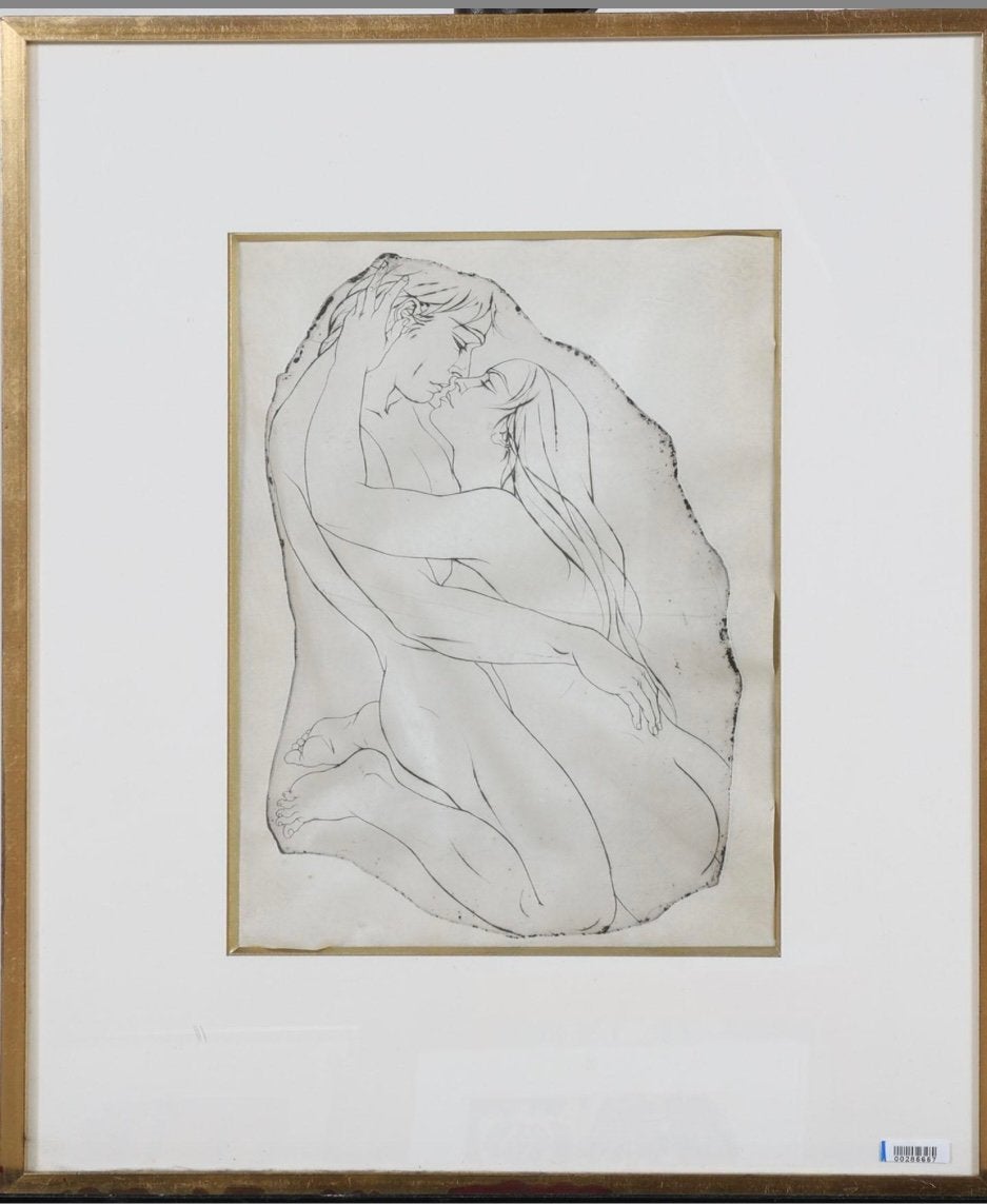 Antieke Ets "Les Amants" (De Geliefden) Ingelijst in Parijs, Ophalen of Verzenden