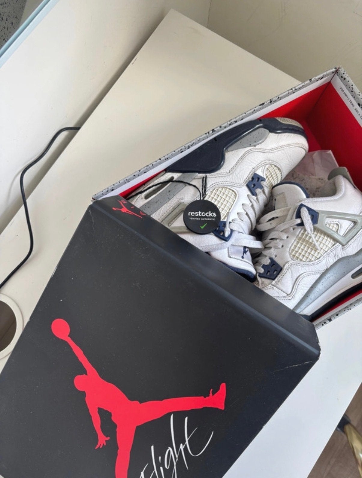 Nike Air Jordan 4 Retro Military Blue (2012), Ophalen of Verzenden, Gedragen, Wit, Sneakers of Gympen