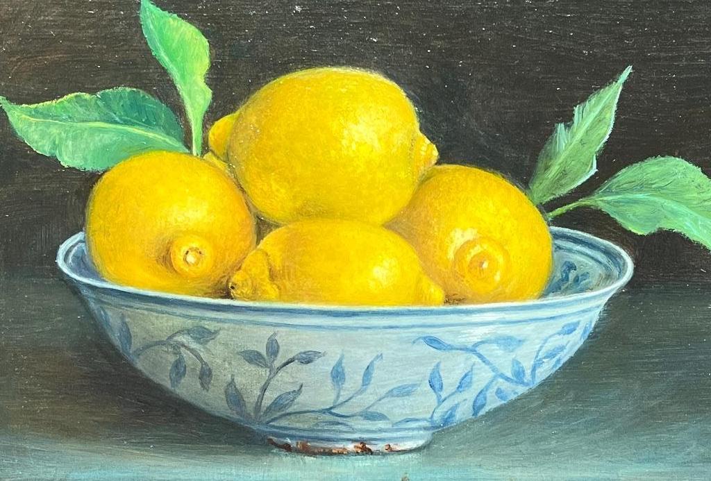 Schilderij stilleven citroenen in een schaal. Hans Habraken., Antiek en Kunst, Kunst | Schilderijen | Klassiek, Ophalen of Verzenden