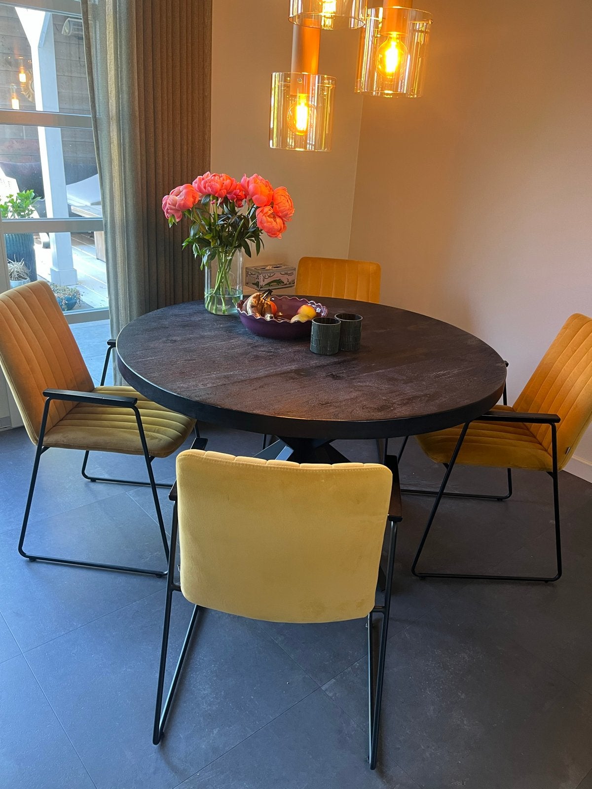 Ronde eettafel (130 cm) met 4 stoelen, Huis en Inrichting, Ophalen, Gebruikt, 100 tot 150 cm, Rond