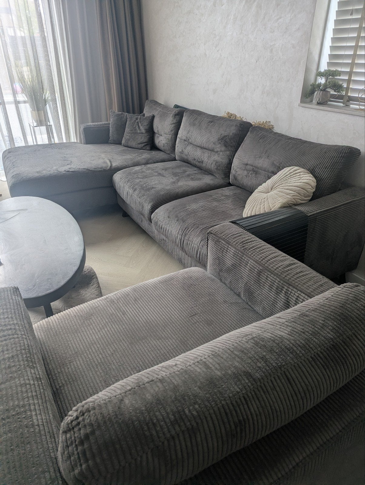 Ribstof Hoekbank met Loveseat - bruin, Huis en Inrichting, Ophalen, Gebruikt, Hoekbank, 300 cm of meer