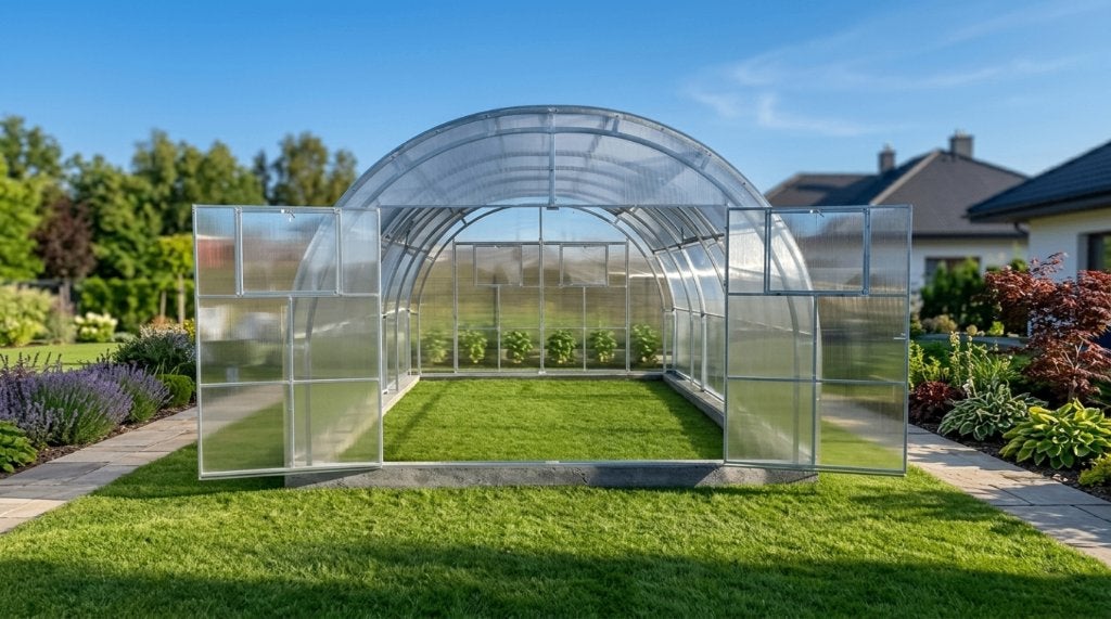 Kas – 4 m breed; 2,89 m hoog; 4–20 m lang; Polycarbonaat, Staal, Polycarbonaat, Verzenden, Kweekkas