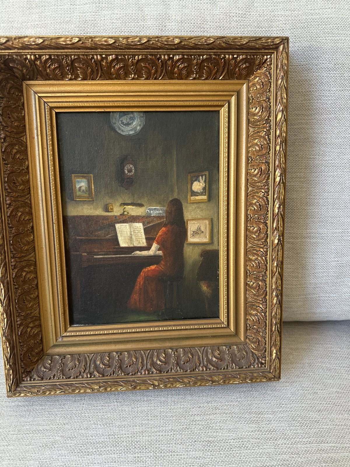 Antiek Schilderij: Dame aan de Piano, Antiek en Kunst, Kunst | Schilderijen | Klassiek, Ophalen, Doek, Portret of Personen, Olieverf