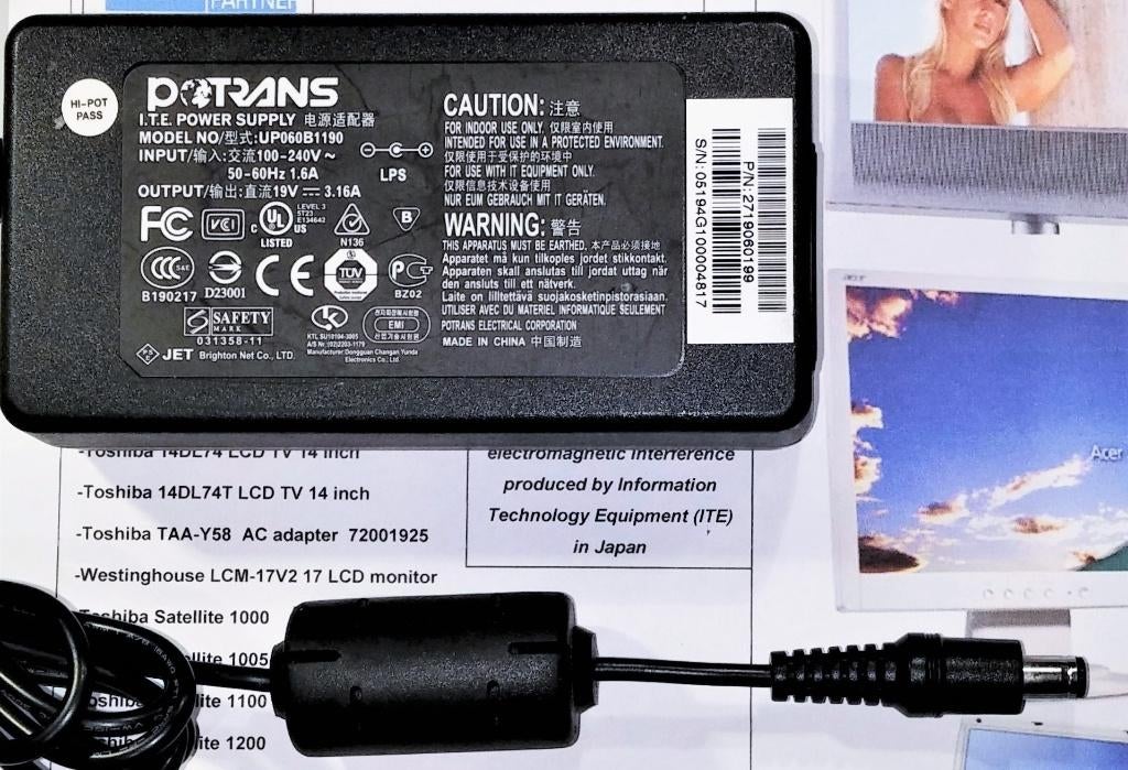 Potrans UP060B1190 19V 3.16A 60W Adapter 6.5x3.0mm Oplader, Ophalen of Verzenden, Zo goed als nieuw