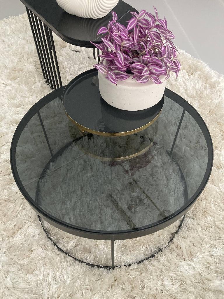 Bolia bijzettafel Drum donker glas, Ophalen, Minder dan 45 cm, Rond, Scandinavish modern