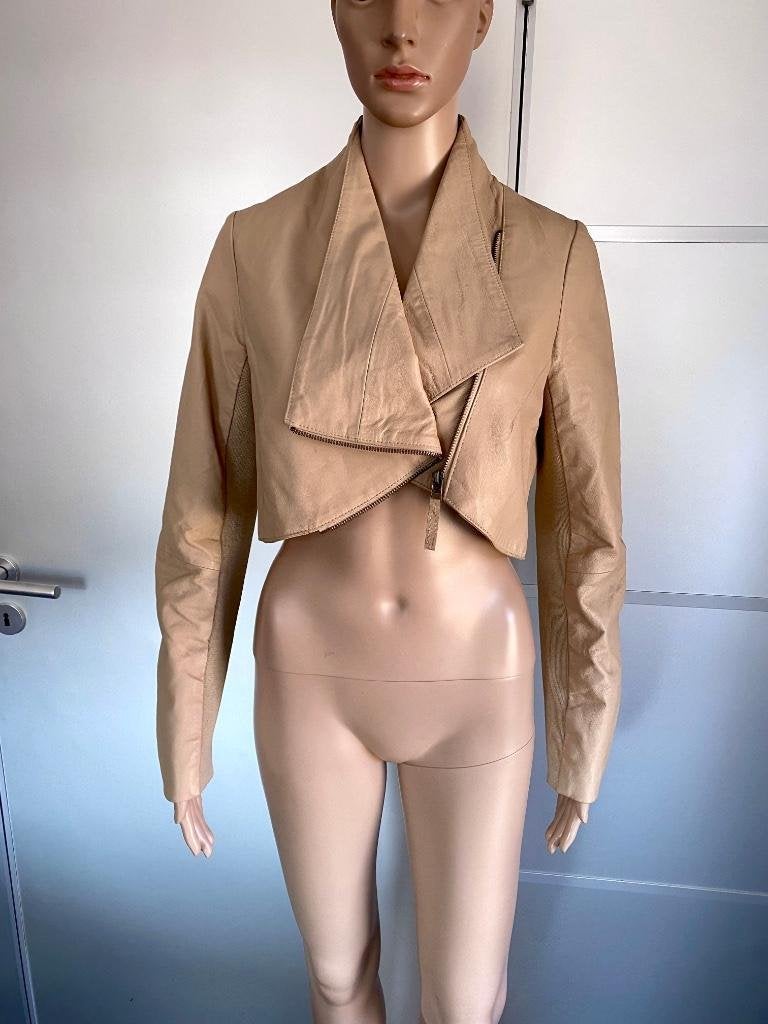 J114 echt-leren kort jasje mt 34 bolero blazer colbert beige, Kleding | Dames, Beige, Ophalen of Verzenden, Zo goed als nieuw