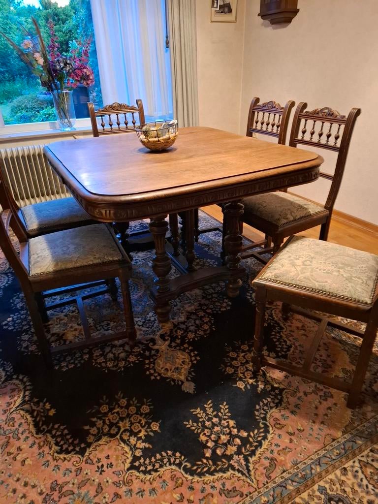 Brocante eettafel met stoelen, Huis en Inrichting, Complete eetkamers, Ophalen, Gebruikt, 4 tot 6 stoelen