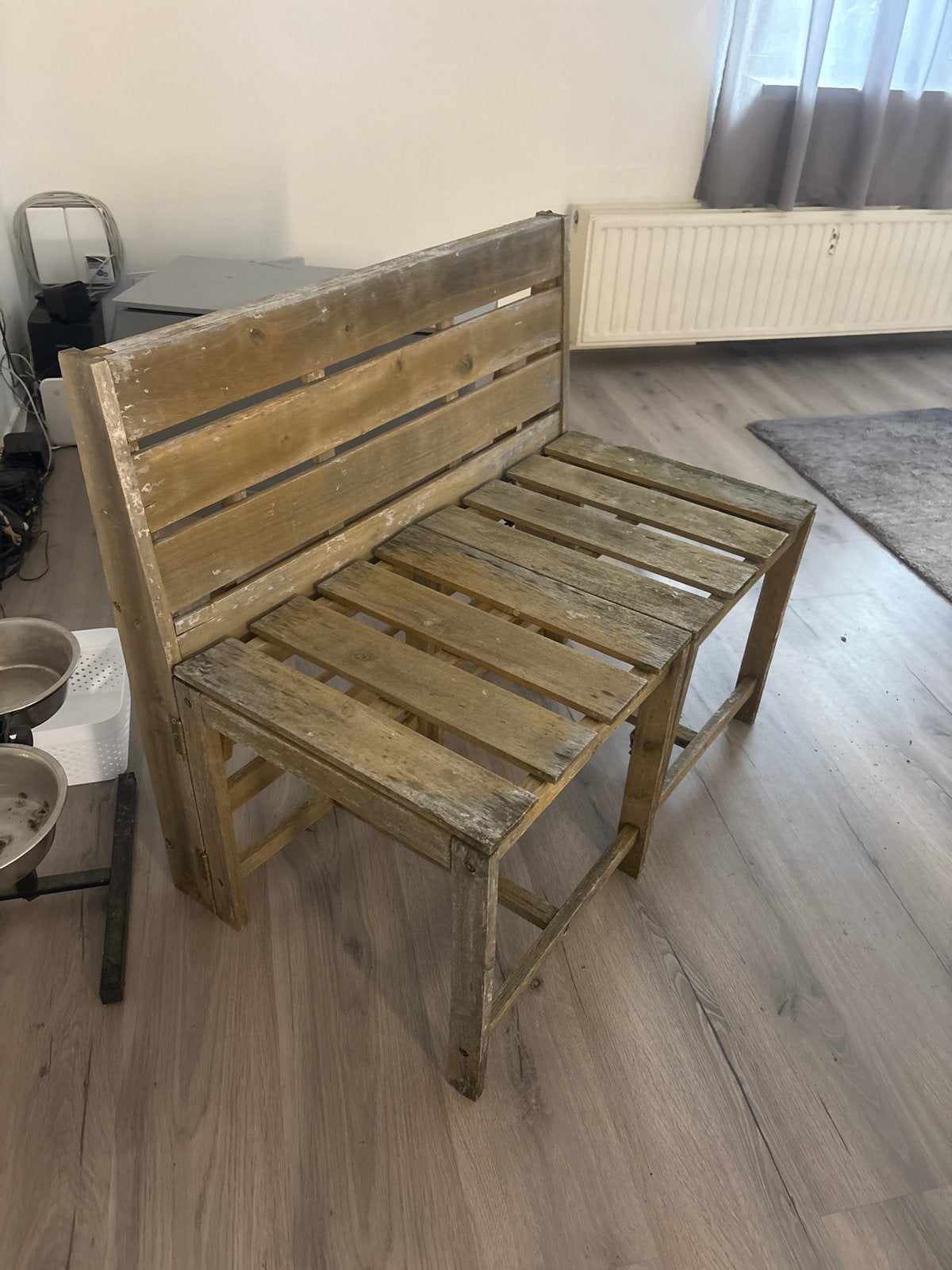 Houten tuinbankje uitklapbaar 2 losse krukjes, Tuin en Terras, Ophalen, Gebruikt, Hout