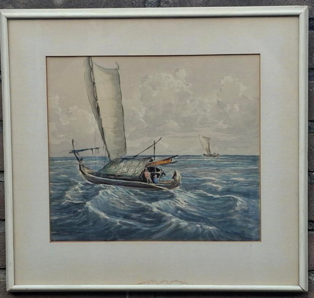 Soewardja (1900) Indonesië.  Perahu later di laut. Aquarel., Antiek en Kunst, Ophalen