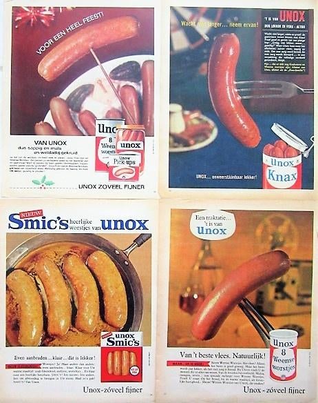 30 vintage advertenties reclames Unox rookworst 39-59 knax, Verzamelen, Ophalen of Verzenden, Gebruikt, Overige typen