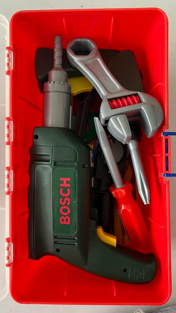 Speelgoed gereedschapskist met werkende Bosch boormachine, Ophalen of Verzenden, Gebruikt