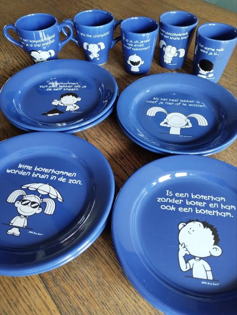 Blauw servies met leuke teksten van blue band spaaractie, Huis en Inrichting, Ophalen, Aardewerk, Overige stijlen, Bord(en)