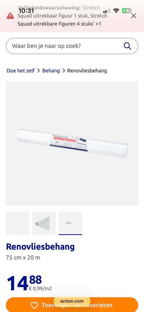 Renovliesbehang - 75cm x 20m - Action, Doe-het-zelf en Verbouw, Verf, Beits en Lak, Nieuw, Wit, Ophalen