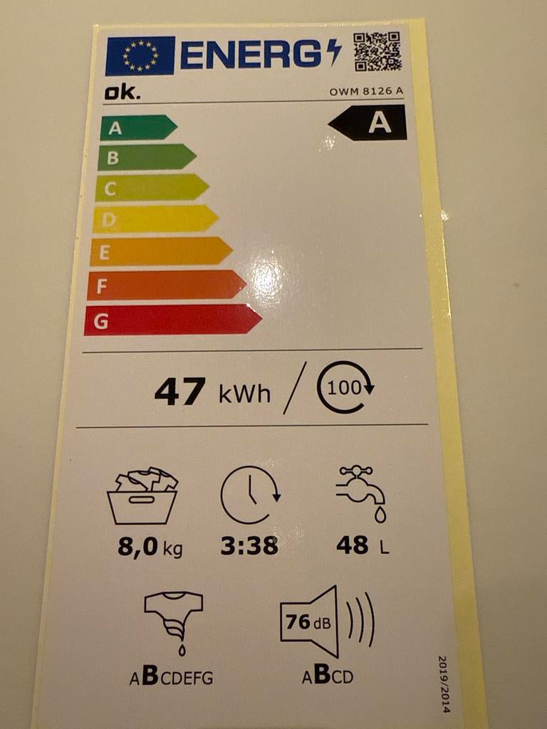 OK. Wasmachine - 8kg, Energieklasse A, 1200 tot 1600 toeren, 8 tot 10 kg, Ophalen of Verzenden, Zo goed als nieuw