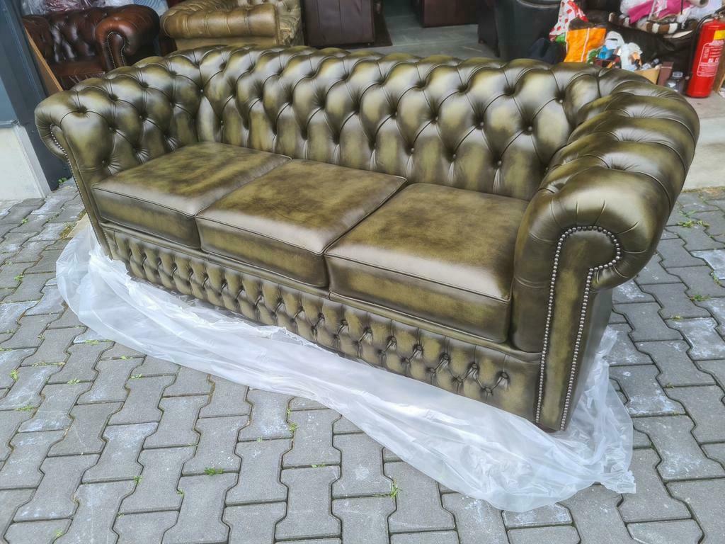 Chesterfield 3.5 zit bank olijfgroen groen + GRATIS BEZORGD, ., Chesterfield, Ophalen of Verzenden, Rechte bank