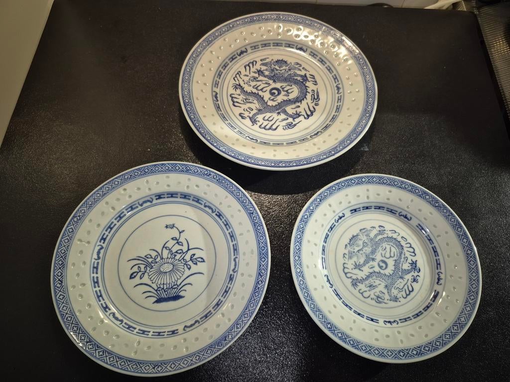 Chinees Rijstkorrel Porselein - 3 Borden, Ophalen of Verzenden