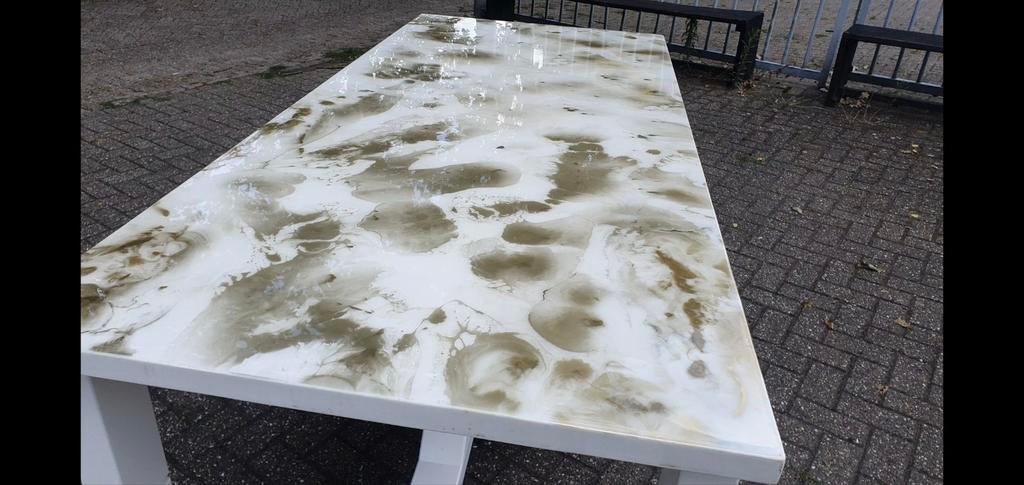 Epoxytafel 100 x 215cm wit met goud, Rechthoekig, Nieuw, 200 cm of meer, 50 tot 100 cm