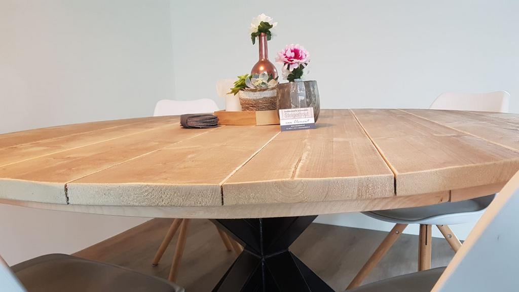 Tafel rond steigerhout met metalen poot, Huis en Inrichting, Tafels | Eettafels, Ophalen of Verzenden, Nieuw, Rond