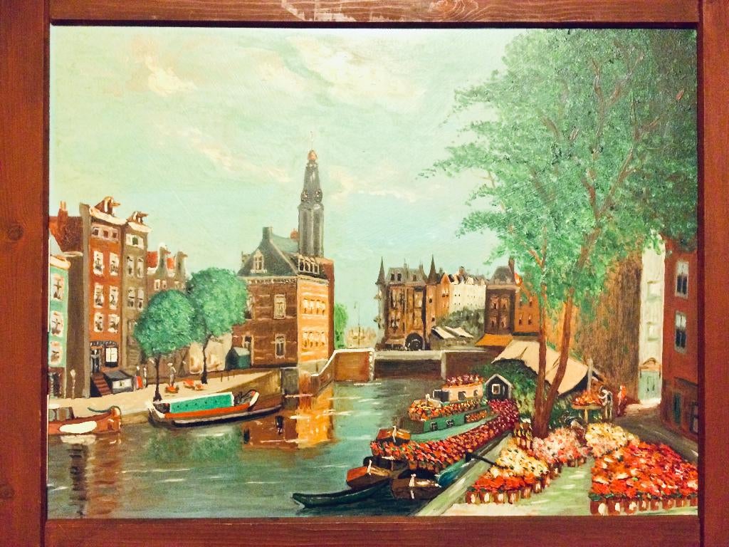 H. Meijer | Bloemenmarkt, A'dam, met de Munttoren (1982), Antiek en Kunst, Kunst | Schilderijen | Klassiek, Ophalen of Verzenden