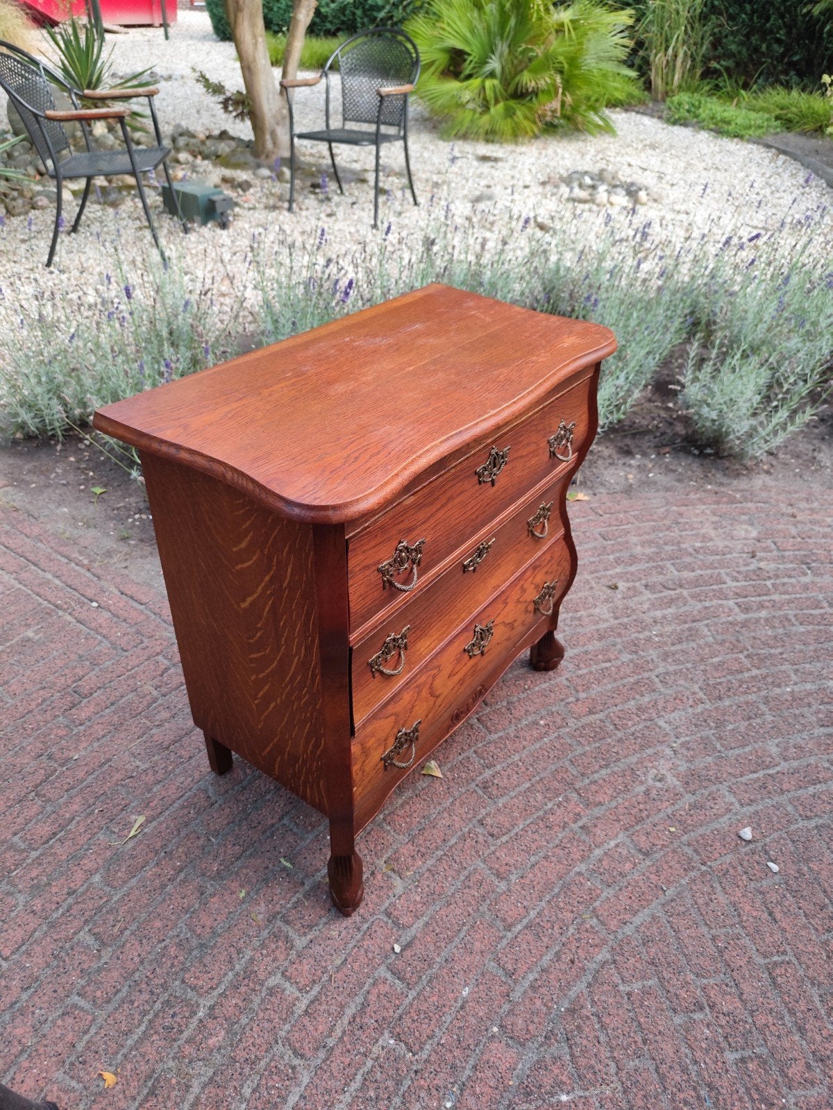 vintage eikenhouten buikkastje met 3 lades, Huis en Inrichting, Kasten | Ladekasten, Ophalen, Gebruikt, Eikenhout, 50 tot 100 cm