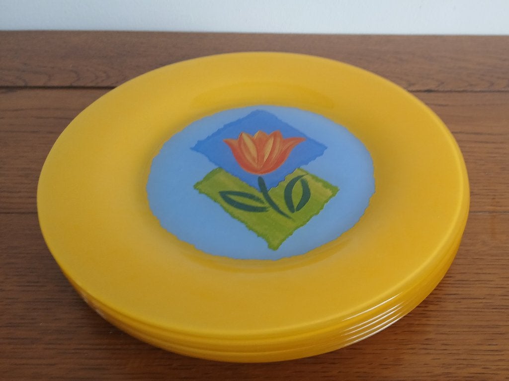 Set van 6 Arcoroc Matys borden, geel glas met tulp-motief, Huis en Inrichting, Gebruikt, Overige merken, Ophalen of Verzenden