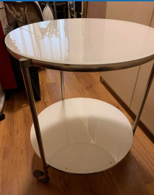 Ronde bijzettafel met glazen bladen en wieltjes, 45 tot 60 cm, Gebruikt, Rond, Glas