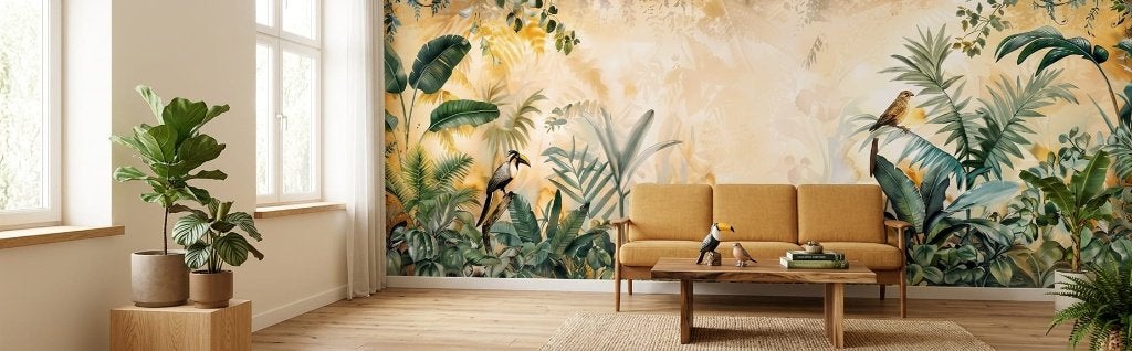 Jungle behang – toekan en vogels in warm tropisch groen, Bladeren, Natuurlijk, Overige merken, Groen