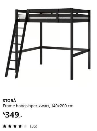 IKEA Hoogslaper Zwart 140x200cm, Ophalen, Hoogslaper, Tweepersoons, 140 cm
