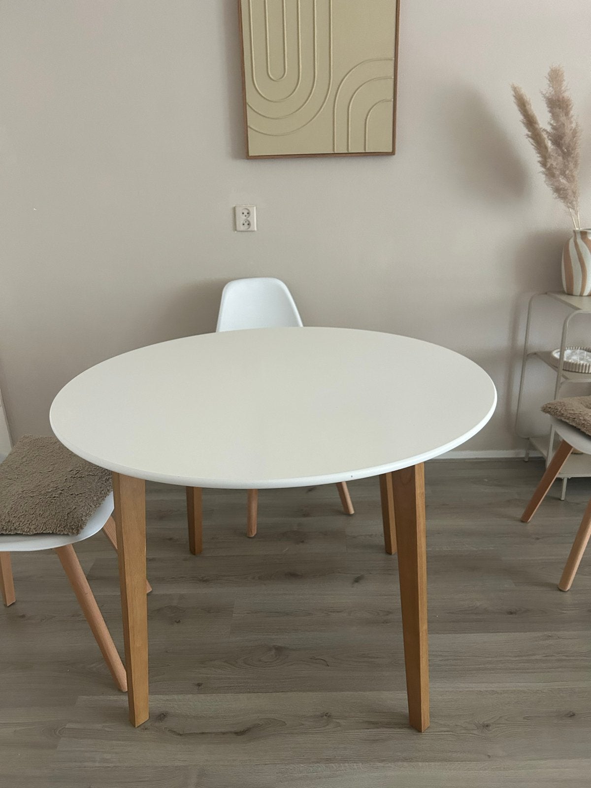 Witte ronde eettafel met houten poten, Huis en Inrichting, Ophalen, Gebruikt, 50 tot 100 cm, Rond