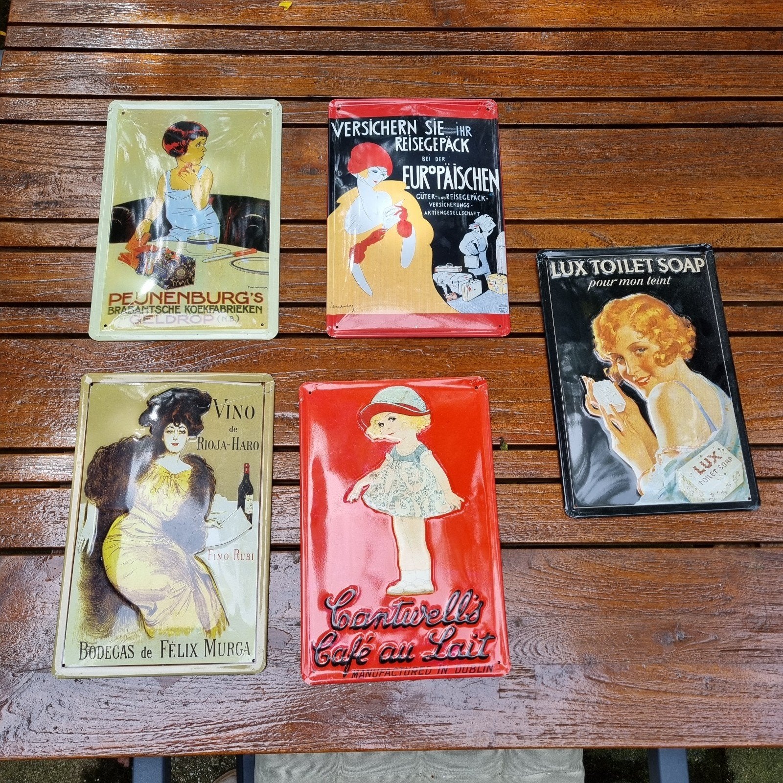 Set van 5 Vintage Reclameborden - Emaille Look, Antiek en Kunst, Antiek | Emaille, Ophalen of Verzenden