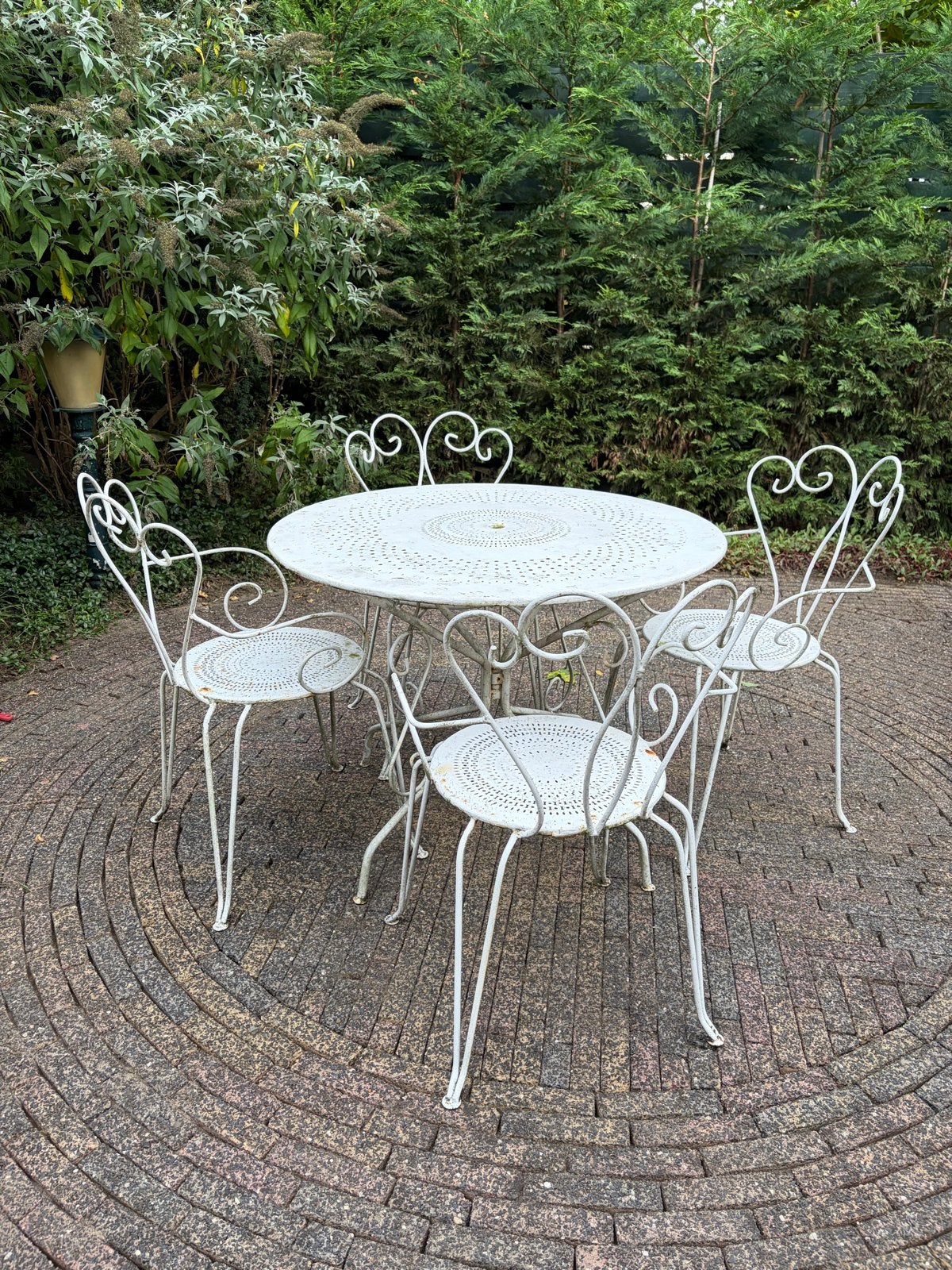 Charmante Vintage Franse brocante Tuinset wit 4 Stoelen), Ophalen, Gebruikt, Eettafel, Tuinset