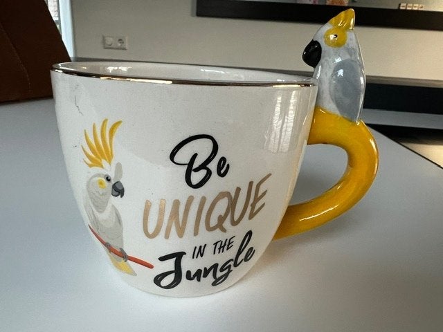 Super leuke mok, met text en vogel op het oor., Nieuw, Overige stijlen, Aardewerk, Mok