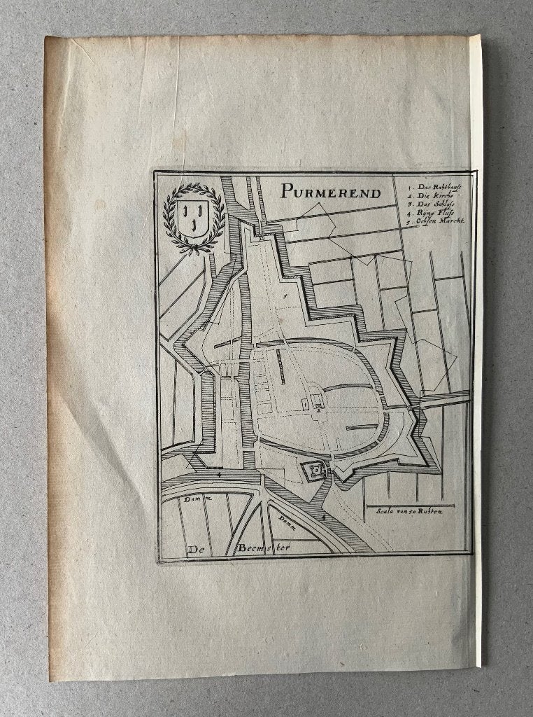 Antieke plattegrond Purmerend 1659, Verzenden, Cartografie, 1600 - 1699, Gravure