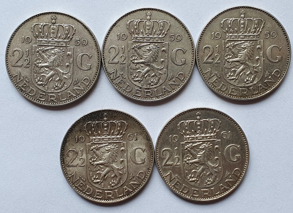 5 stuks Rijksdaalder 2,5 gulden Juliana, Koningin Juliana, Zilver, 2½ gulden, Verzenden