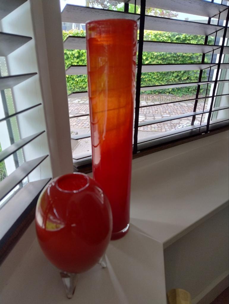 Set van 2 rode glazen Dutz vazen, Ophalen, Minder dan 50 cm, Rood, Glas