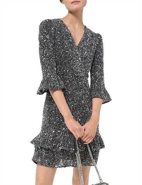 Michael Kors sequin ruffle kerst jurk zilver glitter feest S, Michael Kors, Nieuw, Ophalen of Verzenden, Knielengte