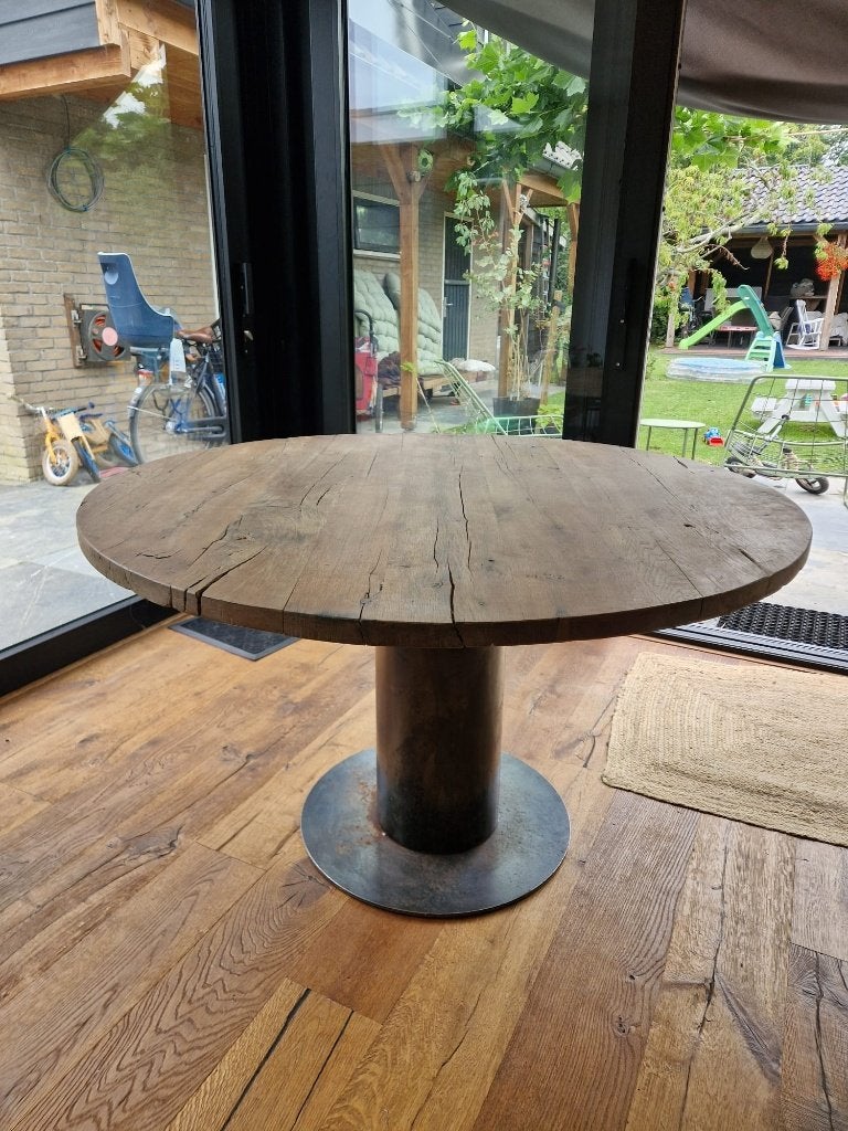 Ronde eikenhouten tafel – €450, Ophalen, Gebruikt, Rond, Vijf personen of meer