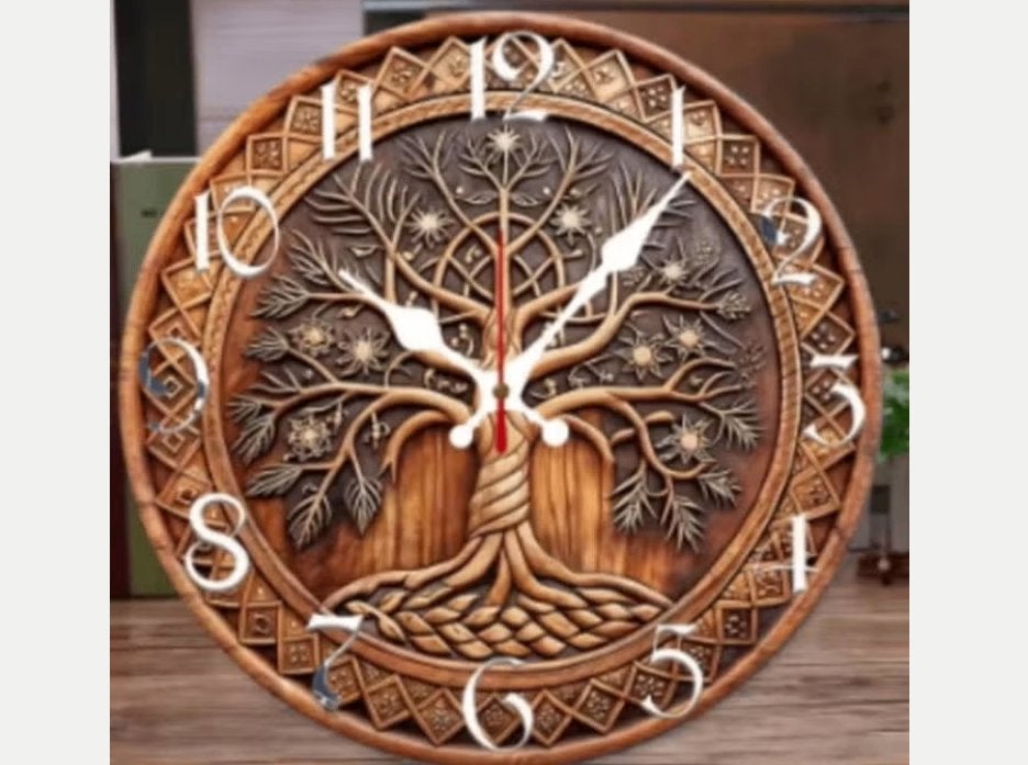 Ronde wandklok van hout analoge Levensboom knoop (25cm), Ophalen of Verzenden, Nieuw, Wandklok