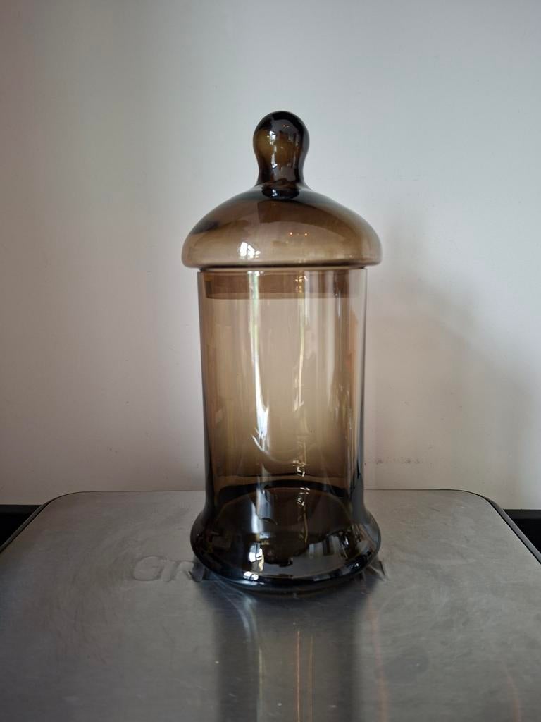 Vintage Amberkleurige Glazen Voorraadpot met Deksel, Ophalen of Verzenden
