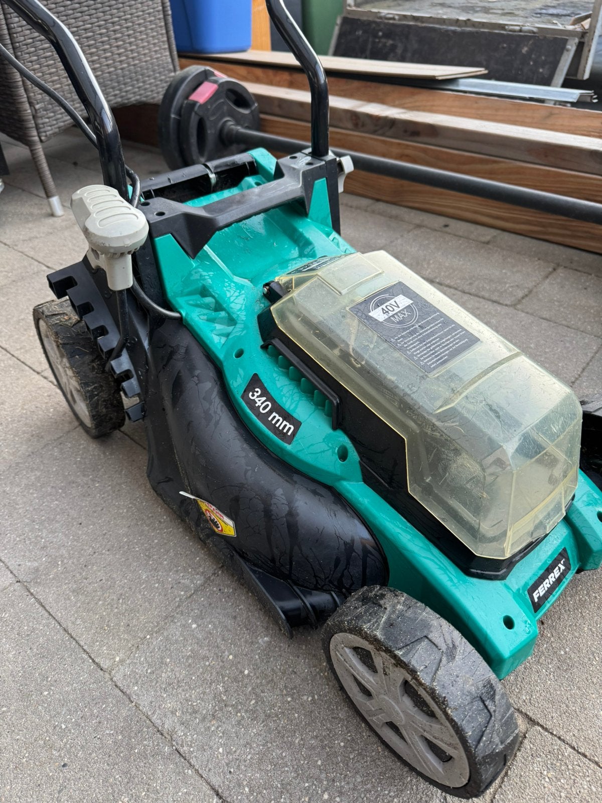 Defecte Ferrex accu grasmaaier (Aldi) met goede accu/lader, Ophalen, Gebruikt, Accu-grasmaaier