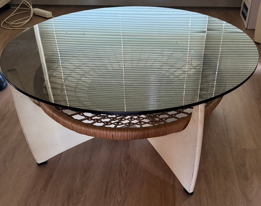 Vintage Rokato salontafel gebr Jonkers noordwolde rotan mand, Ophalen, Gebruikt, Rond, 50 tot 100 cm