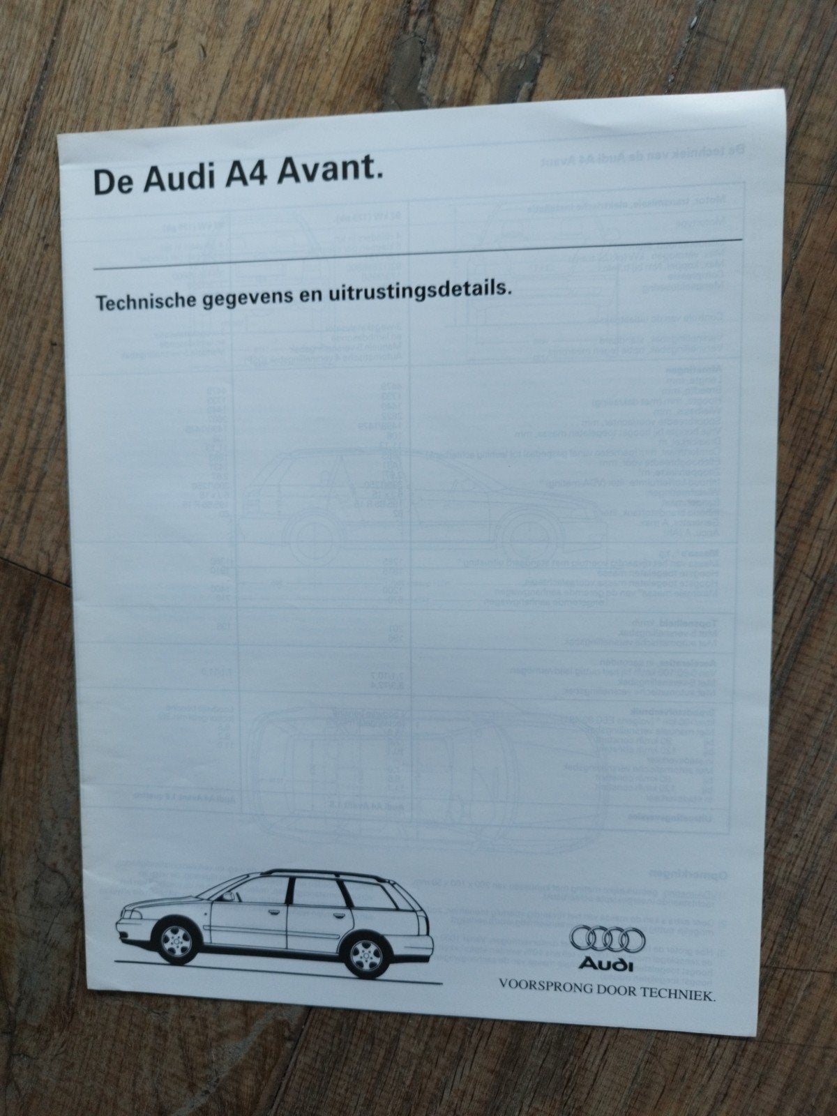 Audi A4 Avant Technische Gegevens en Uitrustingsdetails 1996, Ophalen of Verzenden, Zo goed als nieuw, Audi, Audi
