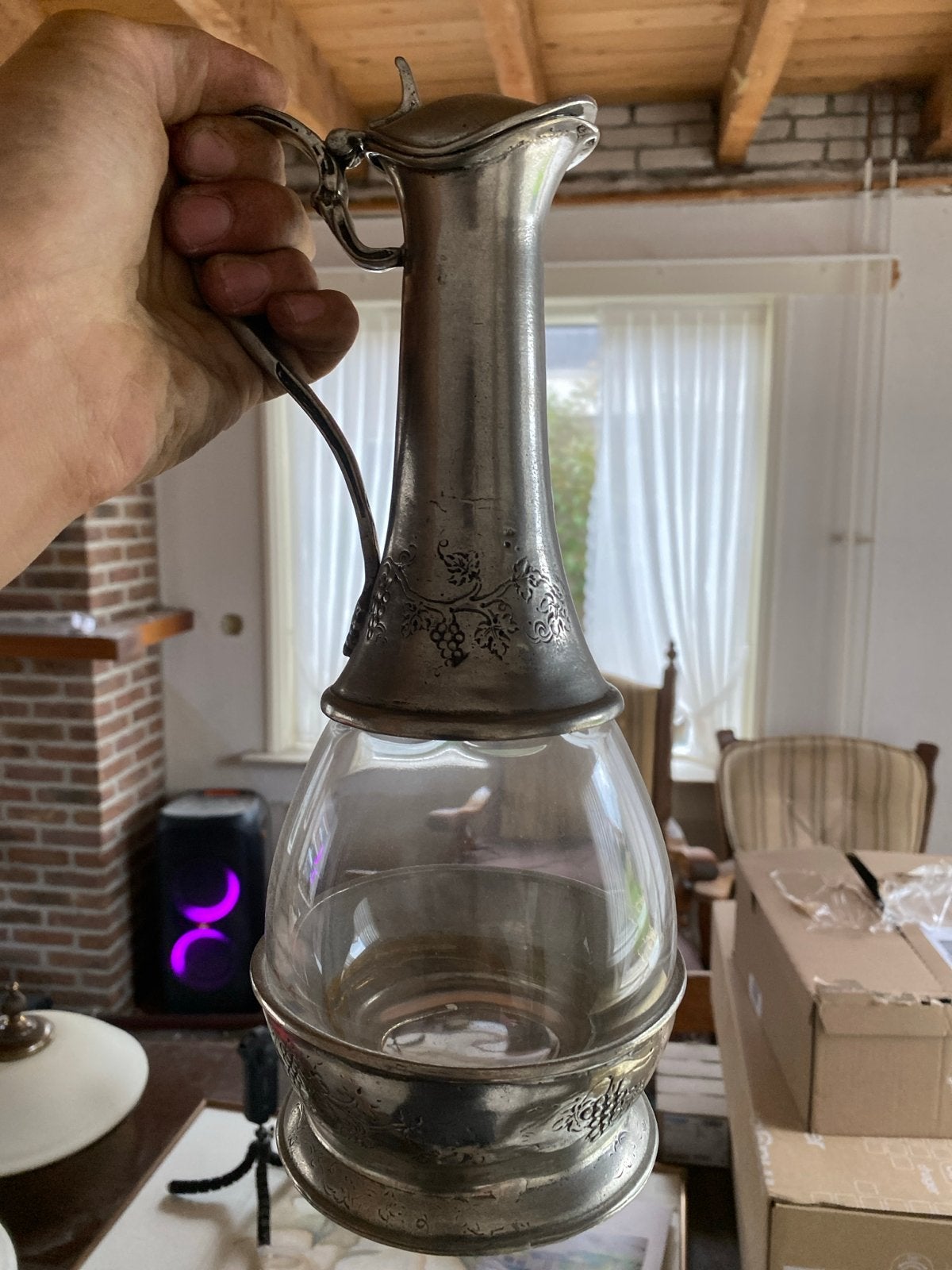 Antieke Karaf met Metalen Montuur en Handvat, Ophalen of Verzenden