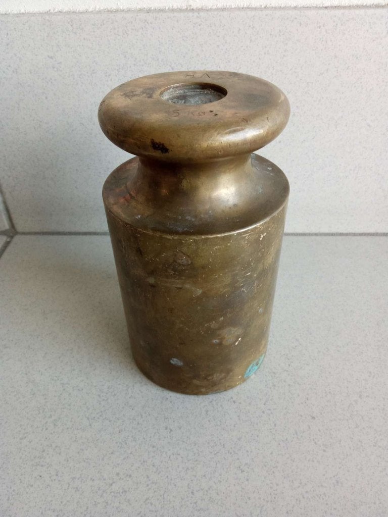 Weegschaal gewicht van 5kg in geel koper., Ophalen of Verzenden