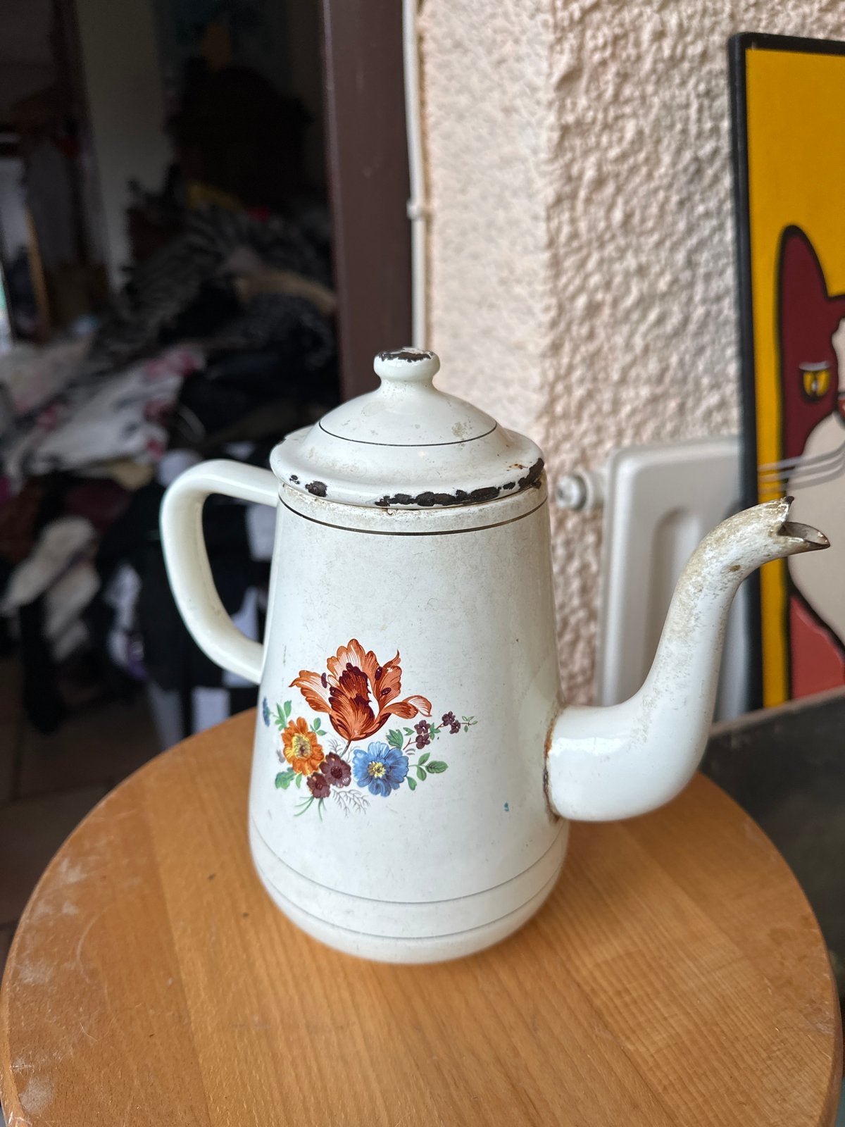 Vintage geëmailleerde koffiekan met bloemmotief, Ophalen