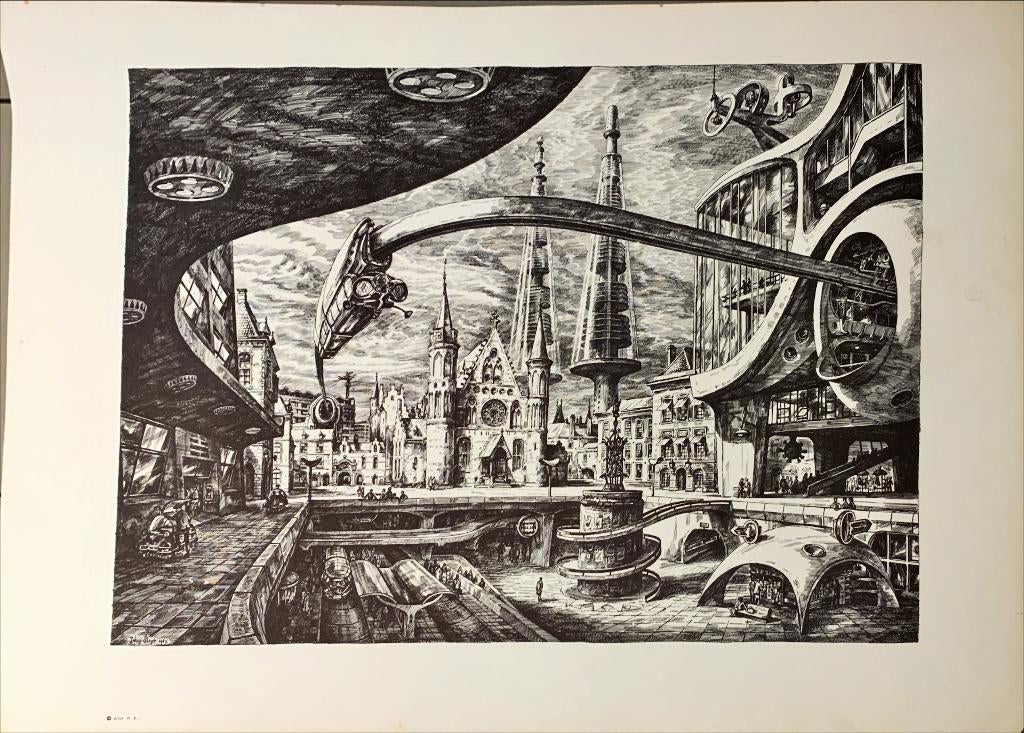 OffsetPrint - Surrealistisch Futuristische Stad -Jakop Slegt, Antiek en Kunst, Kunst | Etsen en Gravures, Architectuur, Ophalen of Verzenden
