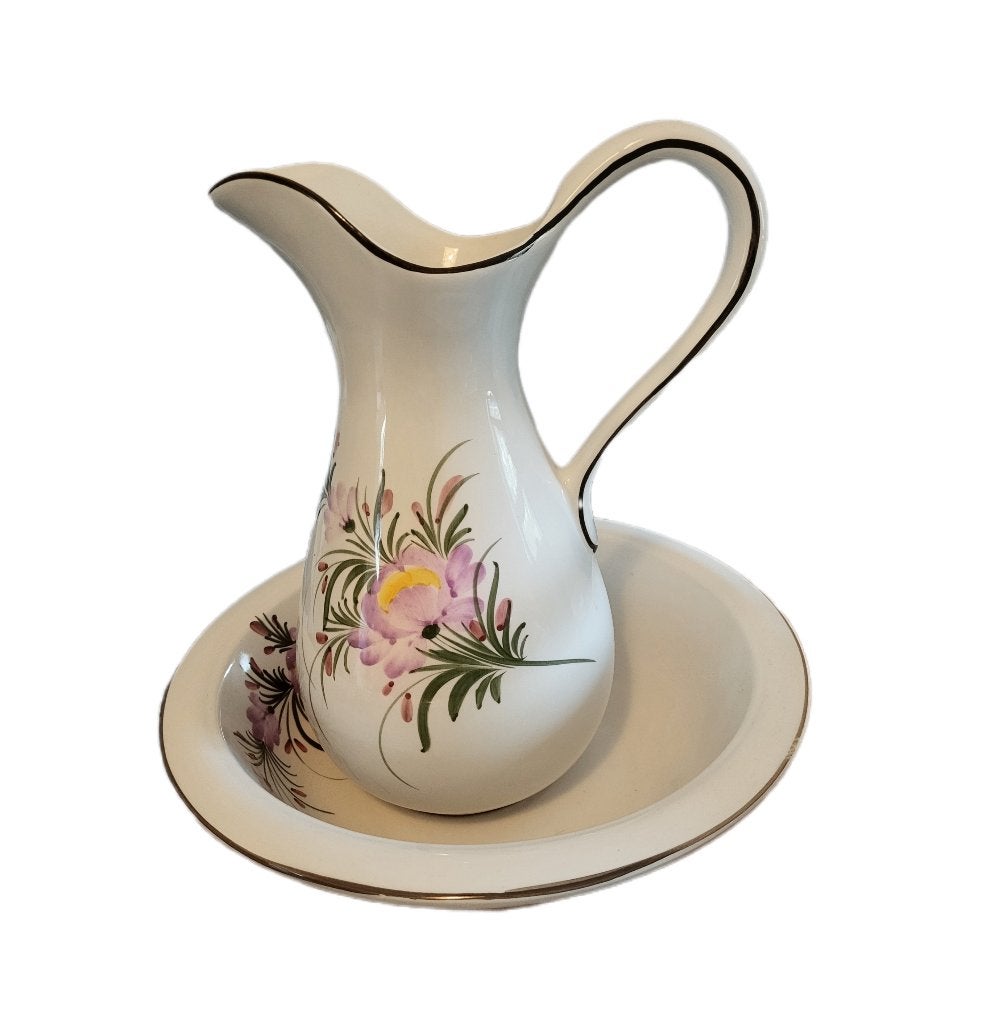 Vintage, brocante wit geëmailleerd wasstel met bloemmotief, Antiek en Kunst, Ophalen of Verzenden