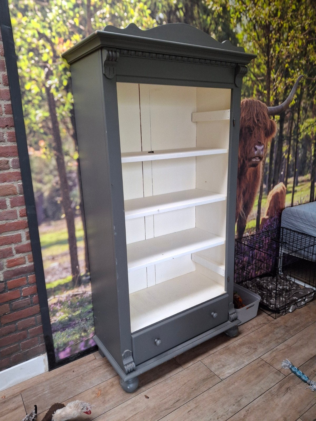 Antieke boekenkast/vitrinekast met lade - Grijs, Ophalen, Met lade(s), 25 tot 50 cm, 150 tot 200 cm